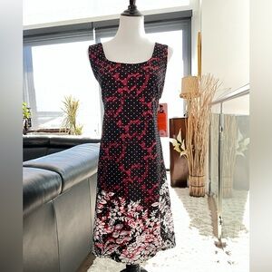 High End Anémone Luc Fontaine 70’s Style Black Red Floral Stretchy Dress NWT